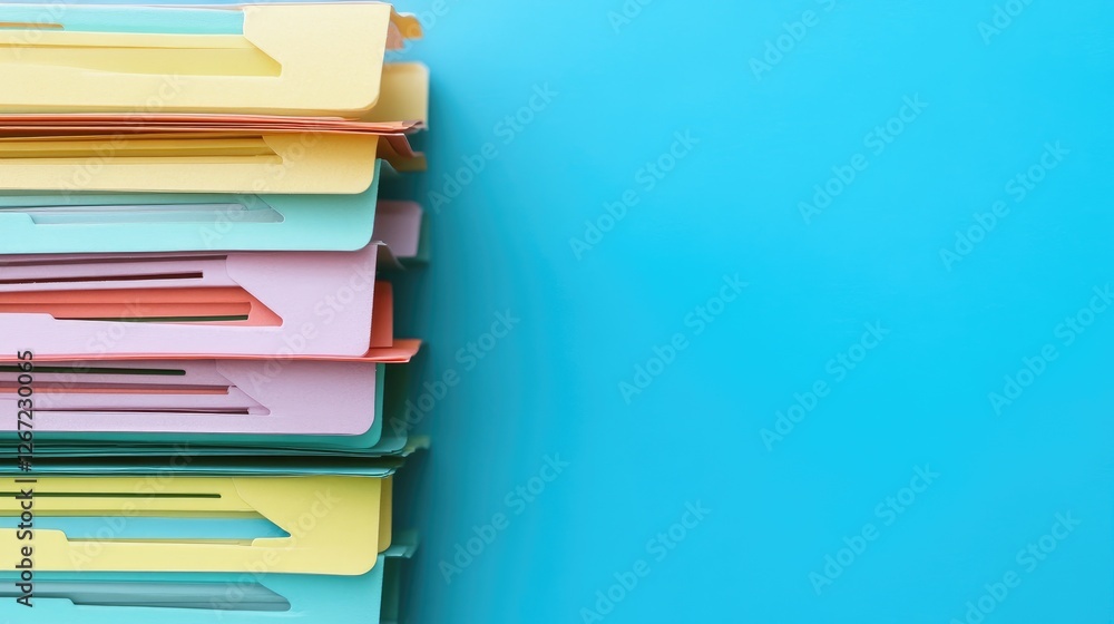 Poster a stack of neatly organized file folders with color-coded tabs on a blue background.