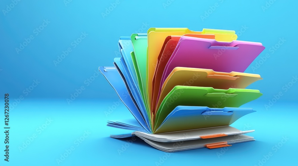 Poster a stack of neatly organized file folders with color-coded tabs on a blue background.