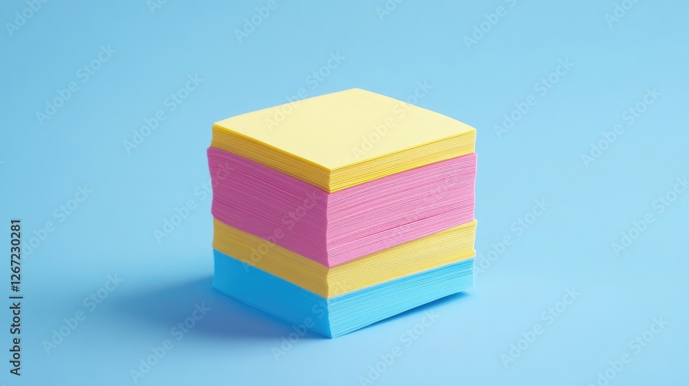 Poster a stack of sticky notes in various colors placed neatly on a soft blue background.