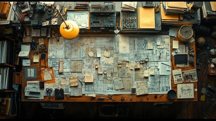 Desk cluttered with maps, notes, tools, for creative project planning
