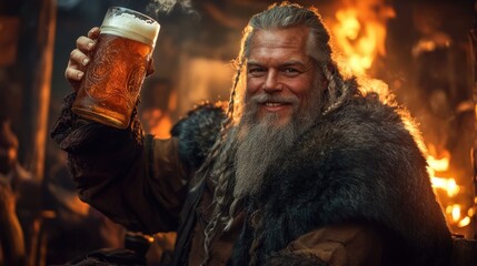 A gray-haired Viking elder, dressed in a woolen tunic and heavy fur cloak, sitting on a wooden bench, raising a large mug of beer with a wide smile, while the warm glow of a fire illuminates his face