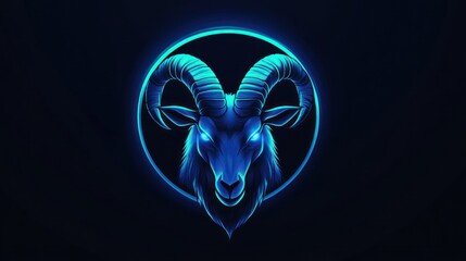 Glowing ram head, dark background, neon art, zodiac symbol, digital wallpaper