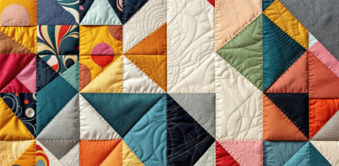 Colorful geometric patchwork quilt with vibrant triangular patte