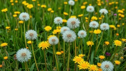 Fototapeta premium Dandelions in a sea of green grass and wildflowers, yellow, flowers