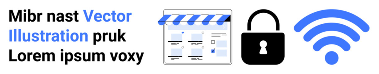 Online storefront with awning, secure lock, and wireless symbols in blue and black, representing e-commerce security and connectivity. Ideal for online shopping, cybersecurity, wireless internet, web