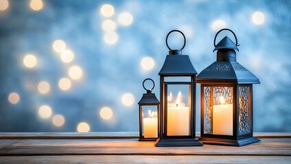 Three Black Metal Lanterns with Candles Glowing on Wooden Table Romantic Evening Scene