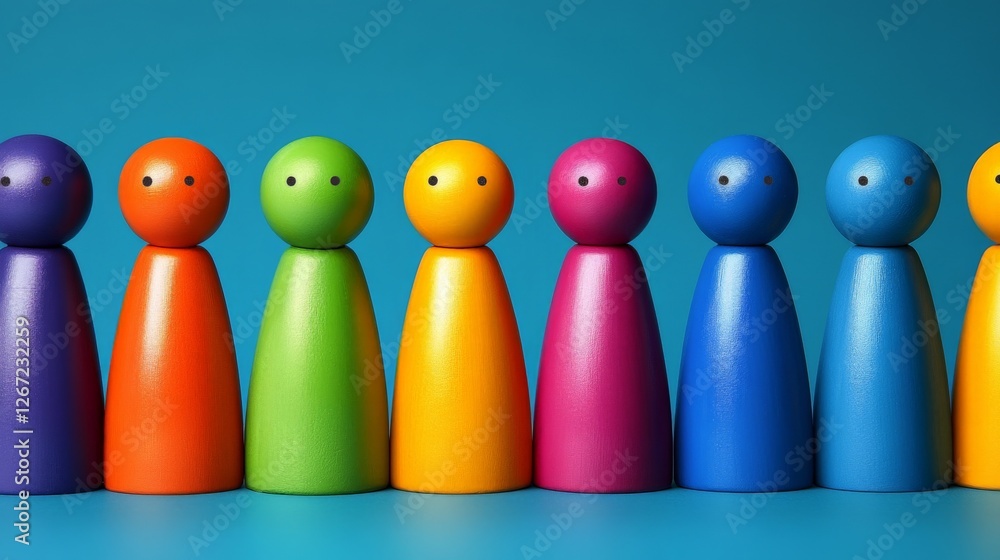 Aufkleber colorful plastic figurines arranged in a row representing diversity unity and social dynamics with p