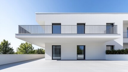 Modern white house, balcony, sunny day, trees, architectural design