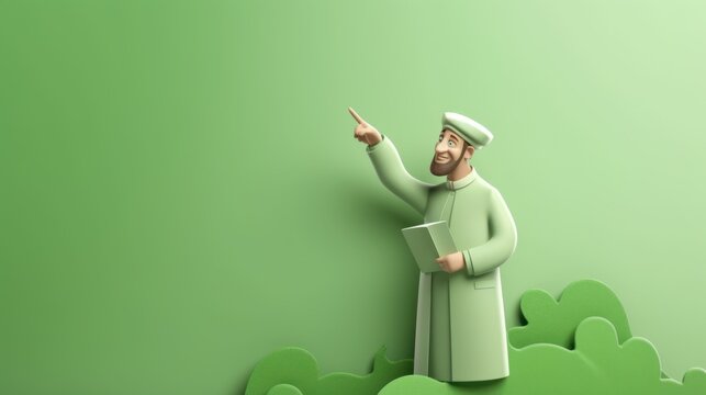 Cheerful Animated Character Pointing Towards a Bright Green Wall Surrounded by Greenery
