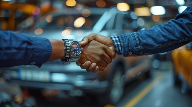 Two individuals shaking hands in a bustling automotive workshop, showcasing camaraderie amidst vehicles
