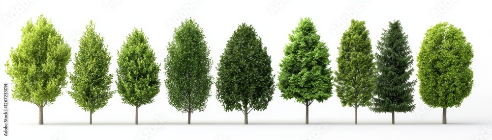 Poster Variety of Different Green Trees Displayed in a Row Isolated on a Light Background for Nature Concept