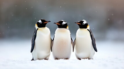 Obraz premium Three emperor penguins huddle in snowy Antarctica. Wildlife photography for nature documentaries