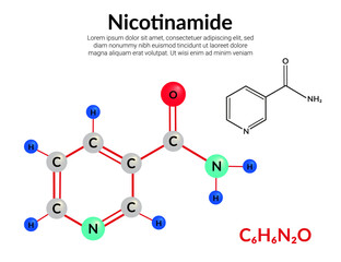 Niacinamide or nicotinamide, a form of vitamin B3. molecular structure formula, ball-and-stick model, suitable for education or chemistry science content. Vector illustration