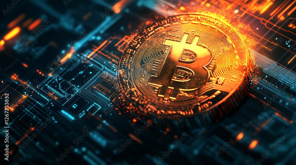 Poster digital bitcoin cryptocurrency gold coin on circuit board technology background abstract futuristic 