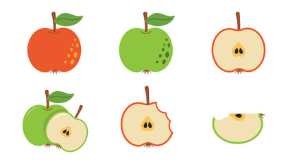 Set of red and green apple vector set. Collection of apple, including whole, sliced and bitten apples, in simple flat and modern style