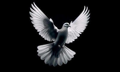 Obraz premium A white dove with outstretched wings against a black background - AI image