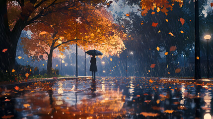 Naklejka premium Woman with umbrella, contemplative and serene, standing in the rain, autumn park scene, digital art