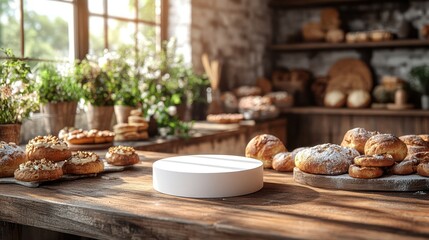 Bakery Shop Mockup: Rustic Wooden Table with Sweet Treats and White Display Stand