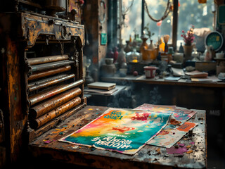 Obraz premium Vintage Printmaking Workshop with Antique Press, Colorful Posters, Art Supplies, and Creative Energy