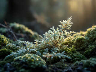 Serene Silver-Leaved Plant Among Vibrant Green Moss in Soft Golden Light with Intricate Details and Textural Richness
