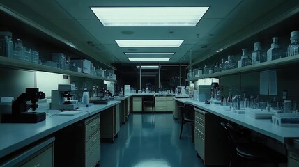 Empty night lab, research, science equipment, experiments, dark background, scientific research