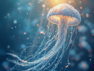 Majestic Jellyfish in Deep Blue Ocean with Golden Light, Textured Bell, Glowing Tentacles, Sparkling Particles, Bokeh Background