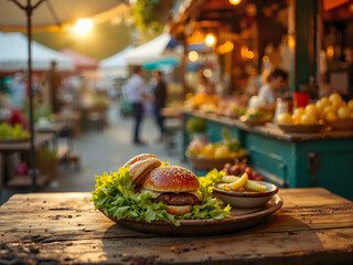 Juicy Burger on Wooden Plate with Fries, Fresh Lettuce, in Vibrant Outdoor Market Scene with Blurred Background
