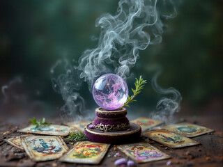 Mystic Crystal Ball with Tarot Cards on Purple Cushion, Ethereal Smoke, Pink Energy, Wooden Stand, Dark Green Background, Supernatural, Divination, Occult, Mysticism, Fantasy, Metaphysical, Esoteric, 
