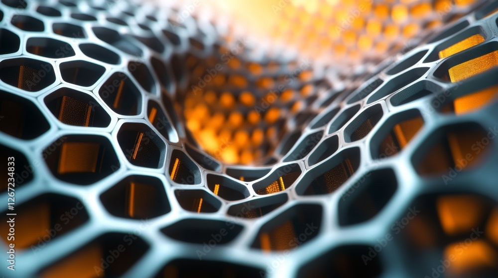 Poster abstract honeycomb structure with an orange glow in the background