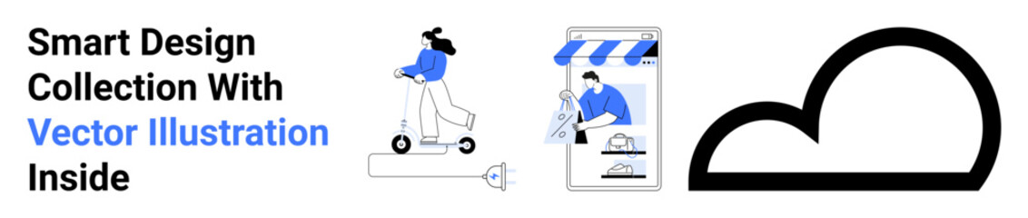 Woman riding e-scooter, person shopping on a mobile app screen, cloud shape. Ideal for technology, modern lifestyle, mobility, e-commerce, apps, cloud technology flat landing page banner