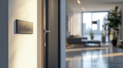 This thoughtful door hanger mockup elegantly rests on a wall beside a sleek door, indicating a fresh and modern approach to interior decor in a well-lit living area