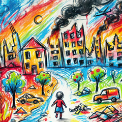Obraz premium kids drawing of a child walking in war-torn city