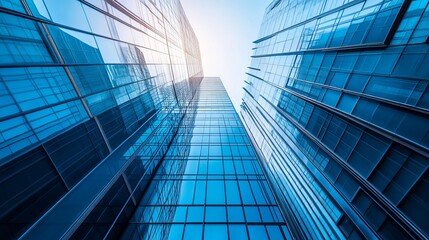 Fototapeta premium A towering commercial skyscraper viewed from below, featuring a sleek glass facade and intricate architectural details, bathed in a blue-toned light on a sunny day