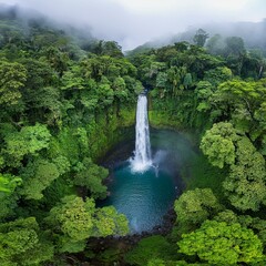 Aerial drone photography of a breathtaking view of a dense jungle canopy, with vibrant green treetops and small lake with a waterfall