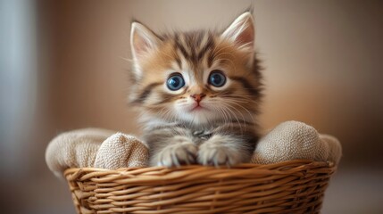 Cute fluffy kitten resting in a cozy wicker basket surrounded by soft cushions indoors