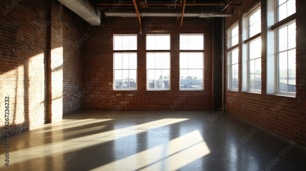 Poster soft beams of sunlight filter through large windows, illuminating an expansive loft space with rusti