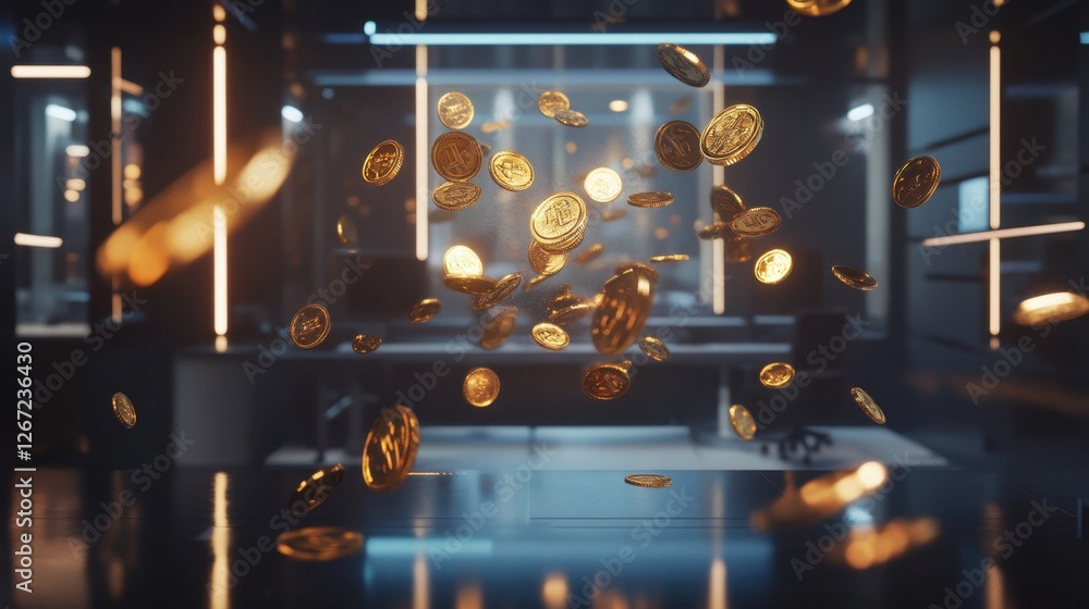 Aufkleber luminous 3d hologram of golden coins hovering above a clean workspace in a futuristic setting.