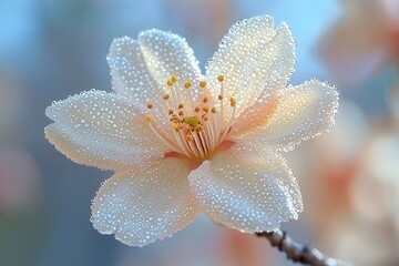 Fototapeta premium Dew-kissed peach blossom close-up against soft focus blue sky background