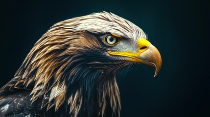 Obraz premium Majestic golden eagle close up showcasing sharp eyes and powerful beak against a dark background, symbolizing freedom and wildlife beauty