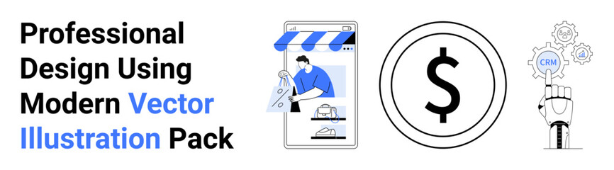 Mobile shopping design creation, dollar symbol, and robotic hand with gear showcasing AI. Ideal for e-commerce, finance, AI, creativity, innovation, design and flat landing page banner