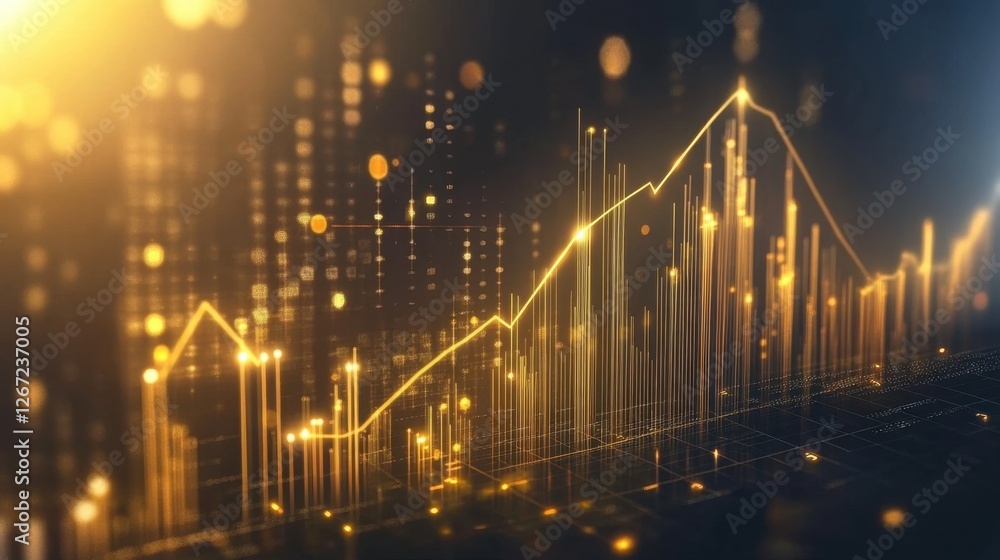 Poster luminous financial graph with golden ascending bars and an upward arrow highlighting success.