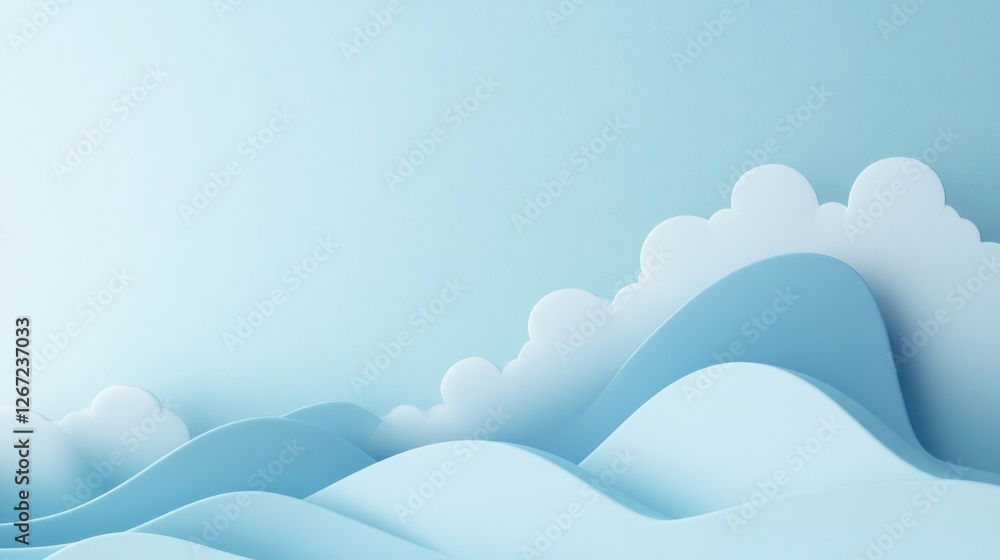 Poster Soft blue waves and clouds create a serene landscape with gentle curves and calming hues in a minimalist setting. Generative AI