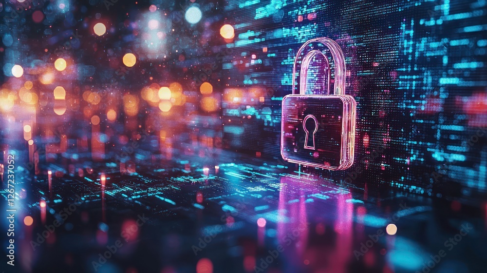 Aufkleber digital padlock securing data stream in cyberspace with city lights