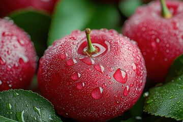 Fresh red apples with water droplets on leaves showcasing natural beauty and juiciness