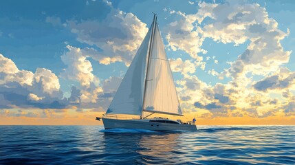 Sailing under a bright sky with American flag and calm waves during a sunny day