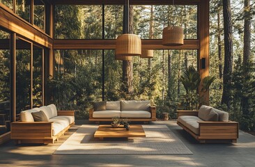 Fototapeta premium Modern Wooden Sofa Design Enhances Forest View Home Decor with Stylish Rattan Lamps, Creating a Serene and Tranquil Atmosphere
