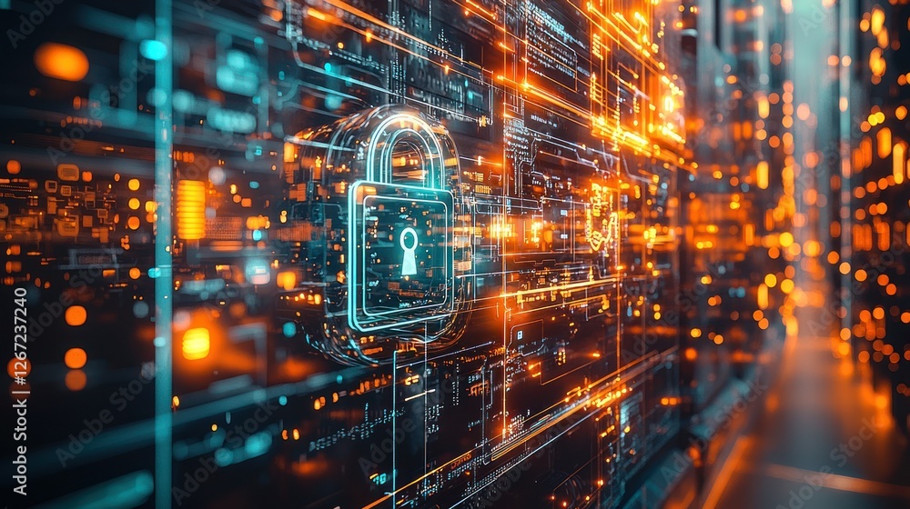 Poster digital security lock on server room data flow background for cybersecurity