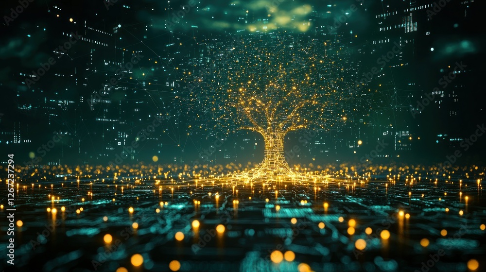 Aufkleber digital tree glowing on circuit board, data flow, tech background