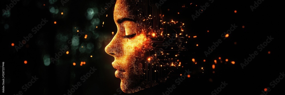 Aufkleber Human face merges with glowing digital circuits creating an ethereal connection in a dark environment. Generative AI