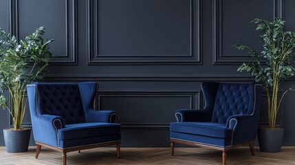 Dark room with accents. Blue navy armchairs. Trendy modern interior design mockup. Gray wall painted background empty for art. Premium lounge living or reception hall interior.